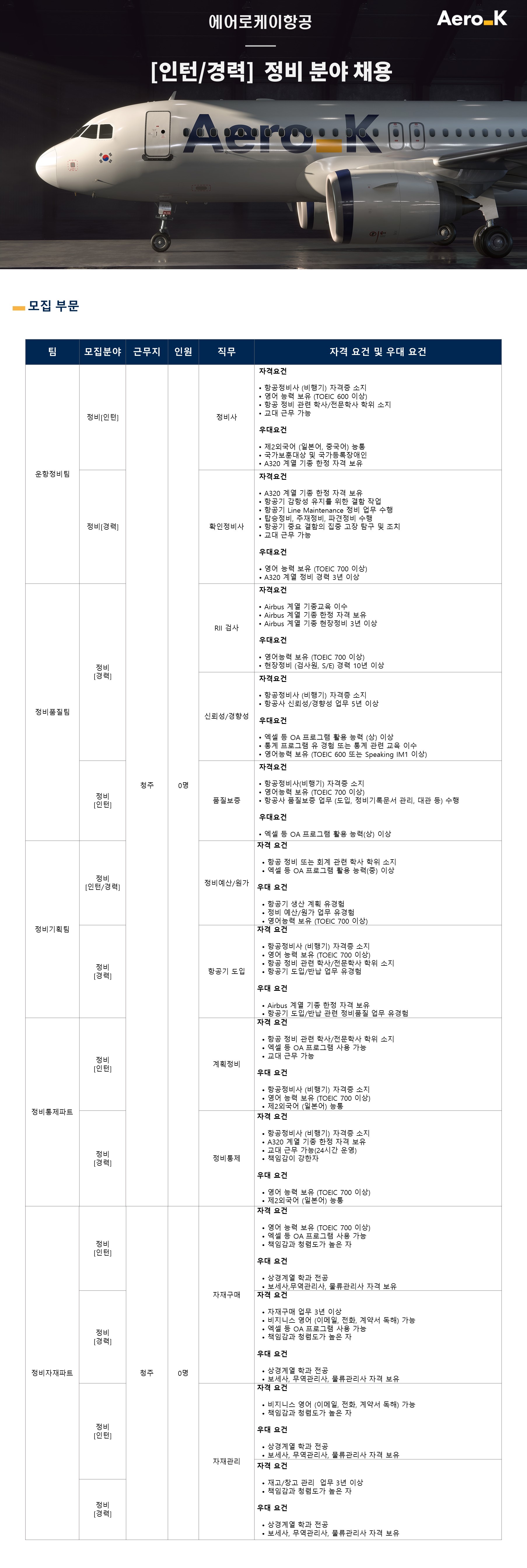 [에어로케이항공][인턴/경력] 정비 분야 채용